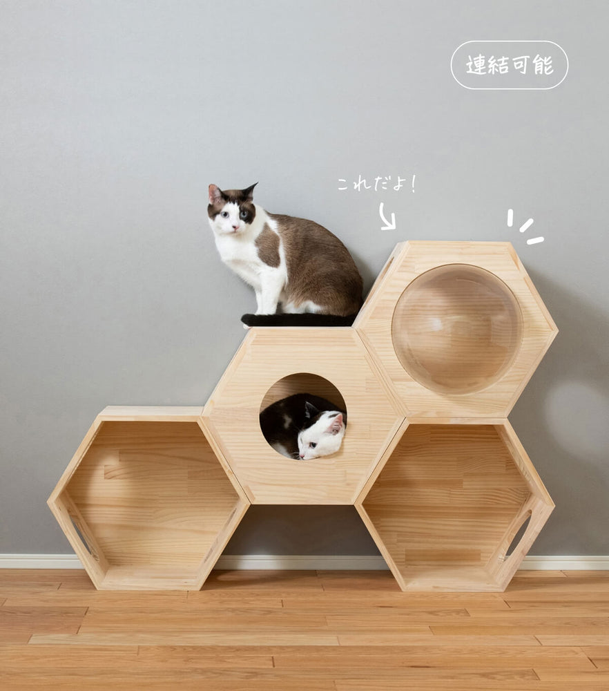 猫ハウス&キャットタワー 六角BOX③大窓ボウル付（連結用）